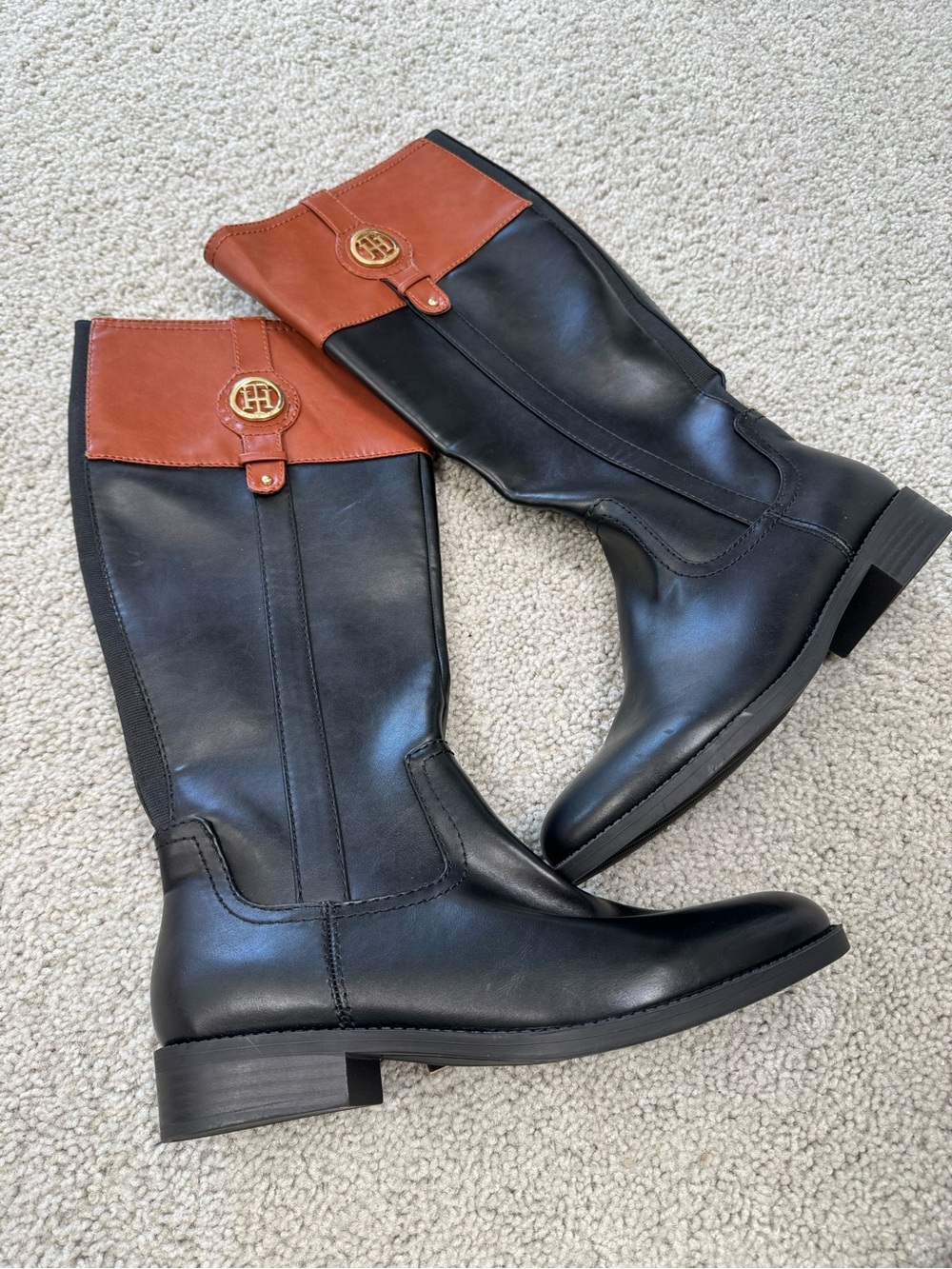 Tommy Hilfiger Black Leather Knee Boots with Brown Cuff and Gold Logo